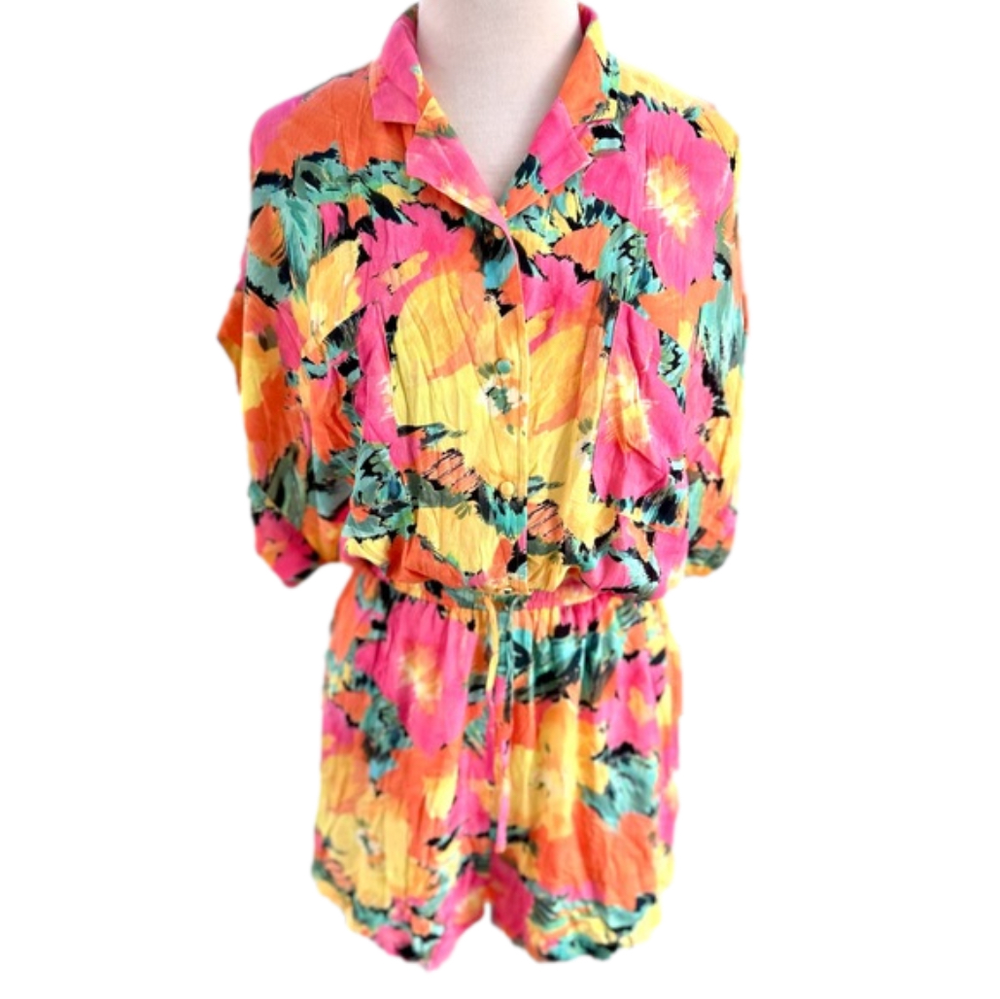 Jen’s Pirate Booty Multicolor Pink Orange Yellow Size Small Romper Floral EUC